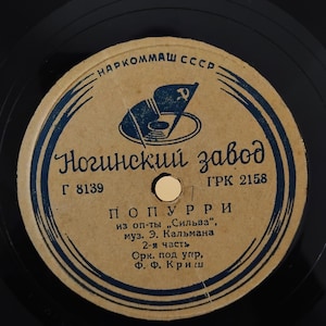 Pode incluir: Um disco de vinil vintage com um rótulo castanho com texto cirílico e um design azul e branco. O rótulo inclui o texto "ПОПУРРИ" e "Ногинский завод". O disco é preto.