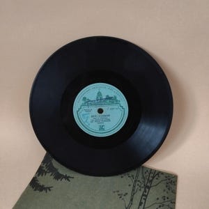 Pode incluir: Um disco de vinil preto com um rótulo turquesa e branco com texto cirílico e um gráfico. O disco está parcialmente cobrindo um papel ilustrado verde e marrom. O disco está em um fundo bege.