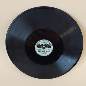 Pode incluir: Um disco de vinil preto com um rótulo circular no centro. O rótulo apresenta texto em língua estrangeira e uma pequena ilustração. O disco tem um acabamento brilhante.