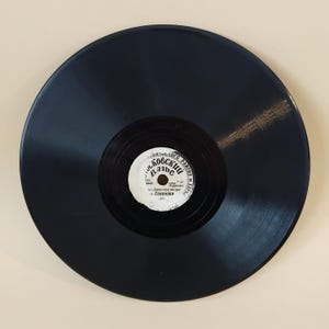 Pode incluir: Um disco de vinil preto com um rótulo branco no centro. O rótulo apresenta texto cirílico e um design circular. O disco está sobre um fundo neutro, destacando sua forma circular e superfície brilhante. Um item de música vintage.