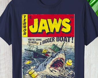 Camiseta de cómic de Tiburón Pulp Attack, camiseta gráfica retro de película vintage, regalo personalizado, camiseta unisex del 50.º aniversario de Tiburón para fans.