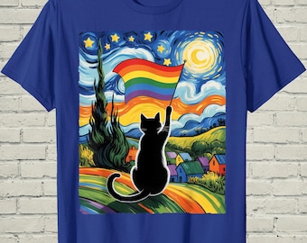 Camiseta del Orgullo LGBTQ, Arte impresionista felino de la Noche Estrellada, Regalo del Festival del Desfile de Junio para amantes de los gatos gays