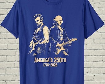 Camiseta del 250 aniversario de George Washington y Lincoln tocando la guitarra