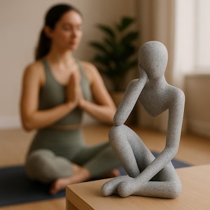 May include: A gray, speckled sculpture of a person in a seated, contemplative pose. The figure rests their head on one hand, with the other arm and legs crossed. The sculpture is on a light brown wooden surface.