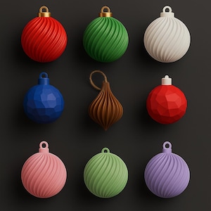 May include: Nine Christmas baubles in various colours against a dark backdrop. The baubles are red, green, white, blue, brown, pink, and purple. Some have textured surfaces, while others are smooth. Each bauble has a loop for hanging, perfect for festive decorations.