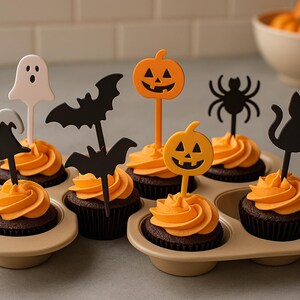 May include: A tray of Halloween cupcakes with orange frosting and decorative toppers. The toppers include a ghost, bat, pumpkin, spider, and cat. The cupcakes are in a beige baking tray.