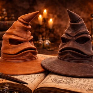 Può includere: Due cappelli parlanti, uno arancione e uno marrone, sono su un libro aperto con una sceneggiatura. Una bacchetta è appoggiata sul libro. Candele e bottiglie di pozioni sullo sfondo, creando un tema magico.