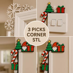 Op de afbeelding: Een verzameling kerstversieringen, waaronder sneeuwvlokken, zuurstokken, kerstbomen, cadeauverpakkingen en kabouters. De decoraties zijn rood, groen, wit en goud. De tekst "3 PICKS CORNER STL" is zichtbaar.