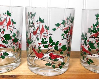 Vintage Cardinal Holly Berry Glasses