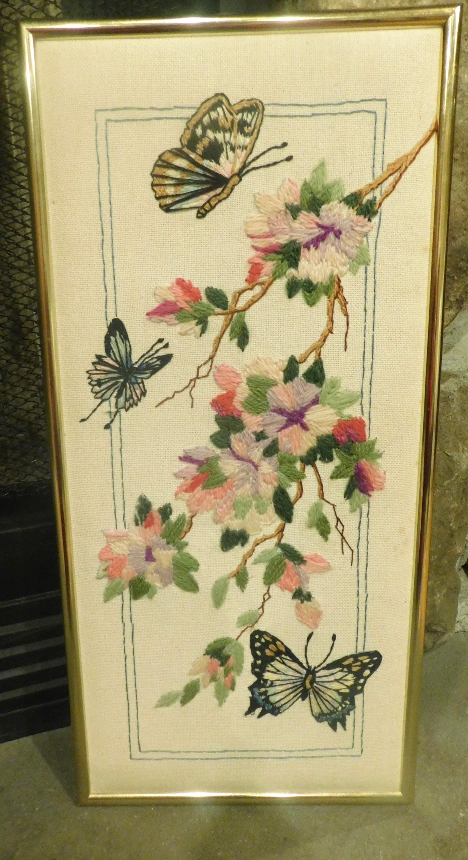 Vintage Butterflies and Flowers Crewel Embroidery Wall Art Ready to ...