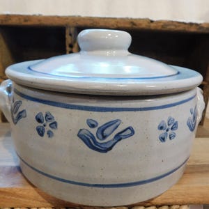 Vintage Blue Bird Pottery Covered Crock with Lid