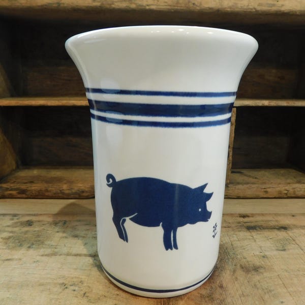 Vintage Pfaltzgraff Spectrum Pig Utensil Crock Blue and White