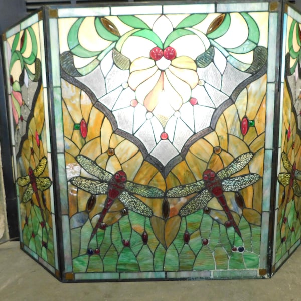 Vintage Chloe Tiffany-style 3-Panel Folding Dragonfly Fireplace Screen