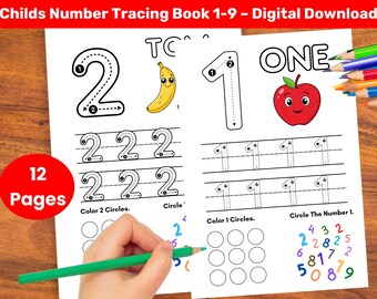 Werkbladen voor het traceren van nummers 1-9 | Handschriftoefeningen voor kleuters, kleuters en 1e graad: direct downloaden