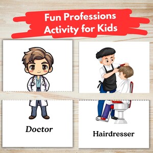 May include: An educational activity for kids featuring illustrations of a doctor and a hairdresser. The text "Fun Professions Activity for Kids" is displayed in a red banner. The word "Doctor" and "Hairdresser" are written below the illustrations.
