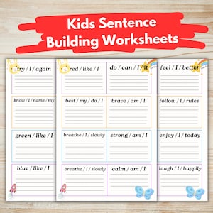 May include: A set of colorful kids' sentence-building worksheets. The worksheets feature prompts like "try / I / again" and "red / like / I," with space for writing. The title "Kids Sentence Building Worksheets" is displayed in a red banner.