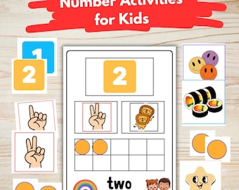 May include: Educational number activities for kids. The image shows a worksheet with the number 2, illustrations of fingers, lions, and sushi. Additional cards with numbers, smiley faces, and a star are also included. The title "Number Activities for Kids" is written in red.