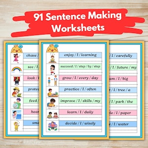 May include: Three colorful worksheets for sentence making, featuring illustrations and sentence starters. The worksheets have a yellow border and the text "91 Sentence Making Worksheets" in a red banner.