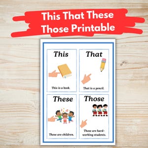 May include: A printable educational chart with the words "This That These Those Printable" in red. The chart is divided into four sections, each with a word and an example: "This" with a book, "That" with a pencil, "These" with children, and "Those" with students.