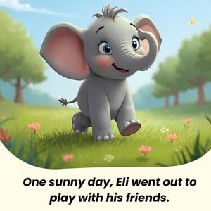 May include: A cartoon illustration of a gray elephant with large ears and blue eyes, walking on green grass with pink flowers. The text at the bottom reads, "One sunny day, Eli went out to play with his friends."