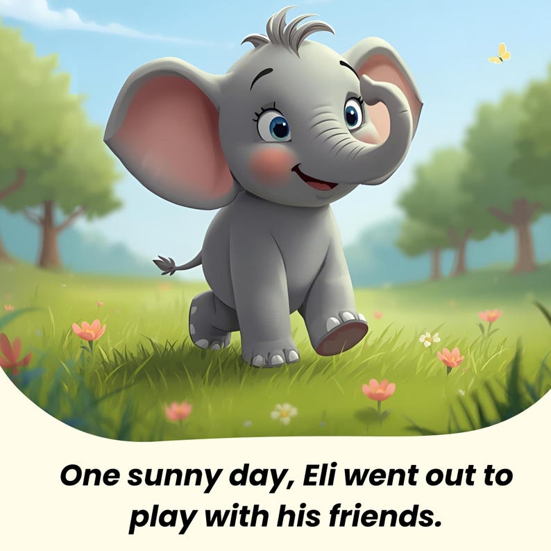 May include: A cartoon illustration of a gray elephant with large ears and blue eyes, walking on green grass with pink flowers. The text at the bottom reads, "One sunny day, Eli went out to play with his friends."