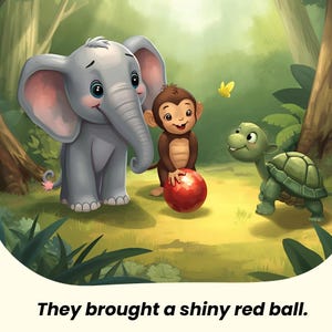 May include: A children's illustration depicts an elephant, monkey, and turtle in a forest setting. The monkey holds a shiny red ball. The text at the bottom reads, "They brought a shiny red ball."