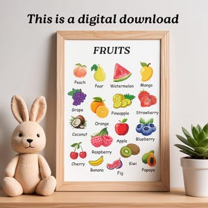 Può includere: Una stampa incorniciata con la scritta "FRUITS" mostra illustrazioni colorate di vari frutti, tra cui pesca, pera, anguria e mango. Il testo "This is a digital download" è in alto. Un coniglio di peluche e una pianta in vaso sono in primo piano.