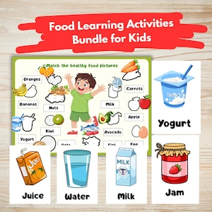Puede incluir: Un colorido paquete educativo para niños con actividades de aprendizaje sobre alimentos. Incluye ilustraciones de frutas, verduras y productos lácteos, con el texto "Food Learning Activities Bundle for Kids".