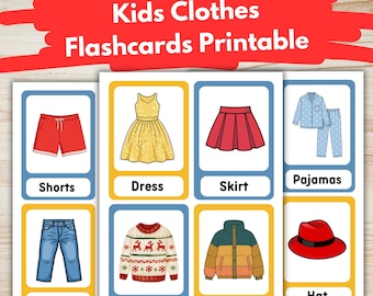 Flashcards voor kinderkleding afdrukbaar | Kledingwoordenschat voor kinderen | Engelse leerkaarten | Kleuter- en kleuteractiviteit