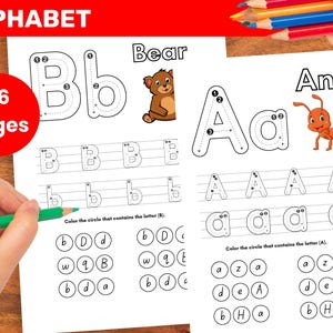 May include: Alphabet learning worksheet with the letters A and B, featuring illustrations of a bear and an ant. The worksheet includes tracing exercises and letter recognition activities. The text "26 Pages" is visible.
