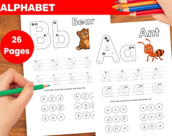Afdrukbaar werkboek alfabet overtrekken voor kinderen | ABC-leerbladen | Handschriftoefening pdf | Schrijfactiviteiten voorschoolse