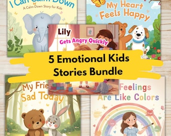 Puede incluir: Un conjunto de cinco libros infantiles con ilustraciones coloridas. Los títulos incluyen "I Can Calm Down", "My Heart Feels Happy", "Lily Gets Angry Quickly", "My Friend is Sad Today" y "Feelings Are Like Colors". El conjunto está etiquetado como "5 Emotional Kids Stories Bundle".