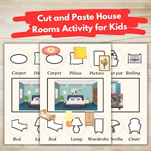 Puede incluir: Hojas de actividades imprimibles para niños con una escena de dormitorio e imágenes individuales recortadas de muebles y decoración. El texto "Cut and Paste House Rooms Activity for Kids" está en la parte superior.