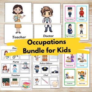 May include: Illustrated flashcards showcasing different professions such as teacher, doctor, police officer, and firefighter. The cards feature cartoon characters and the text "Occupations Bundle for Kids". Ideal for educational use.