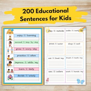 May include: A colorful educational chart for kids with the text "200 Educational Sentences for Kids". The chart includes sentence starters with fill-in-the-blank sections, and illustrations of children. The chart is designed for learning and practice.