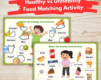 Matchingactiviteit gezonde versus ongezonde voeding voor kinderen: afdrukbaar knippen en plakken