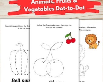 Dieren, fruit, groenten Van punt naar punt en kleuren bundel activiteitenboeken voor kinderen | Overtrekwerkbladen | Voorschoolse - kleuterschool leren