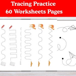 May include: A worksheet with tracing practice exercises. The top of the image has the text "Tracing Practice" and "60 Worksheets Pages" in red. The worksheet includes dotted lines for tracing various shapes, including wavy lines, zigzags, and curved lines, with illustrations.