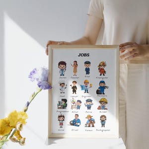 Op de afbeelding: Een ingelijste print met cartoon illustraties van verschillende beroepen, waaronder dokter, leraar en brandweerman. Het woord "JOBS" staat bovenaan. De print wordt door een persoon vastgehouden, met een bloem op de voorgrond.