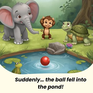 May include: A children's illustration depicts an elephant, monkey, and turtle near a pond. A red ball floats in the water. The text at the bottom reads, "Suddenly... the ball fell into the pond!"