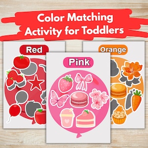 May include: Color matching activity for toddlers. The image shows three cards with the colors red, pink, and orange. Each card has illustrations of objects in the corresponding color, such as a tomato, strawberry, and flower.