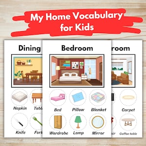 Puede incluir: Tarjetas didácticas para niños con el texto «My Home Vocabulary for Kids». Las tarjetas presentan ilustraciones de elementos del comedor, el dormitorio y la sala de estar, como una cama, una almohada, una manta y una mesa de centro.
