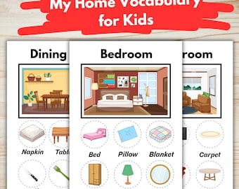 7 kamers huis woordenschat activiteit, delen van het huis matching game voor kinderen, Montessori leren printables, voorschoolse homeschool resource