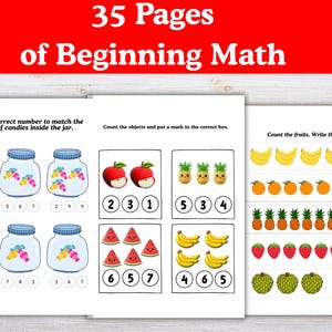 Könnte beinhalten: Eine Arbeitsblattseite mit dem Text "35 Pages of Beginning Math" in Rot. Die Seite enthält Mathe-Übungen, darunter das Zählen von Süßigkeiten in Gläsern, das Erkennen von Zahlen und das Zählen von Früchten.