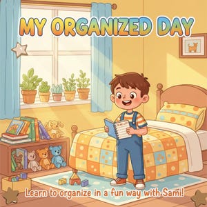 May include: A colorful illustration of a child in a bedroom holding a "TO-DO LIST" notebook. The text "MY ORGANIZED DAY" is at the top. The image includes a bed, bookshelf with toys, and the text "Learn to organize in a fun way with Sami!"