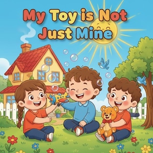 May include: A children's book cover with the text "My Toy is Not Just Mine." The illustration shows three children playing with a toy airplane and a teddy bear in a sunny outdoor scene with a house, tree, and bubbles.