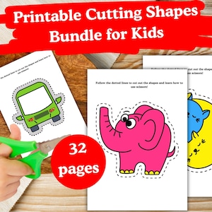 Könnte beinhalten: Druckbares Formen-Bundle zum Ausschneiden für Kinder. Das Bild zeigt drei Seiten mit verschiedenen Formen, darunter ein grünes Auto, ein rosa Elefant und eine blaue Katze. Der Text lautet: "Folge den gepunkteten Linien, um die Formen auszuschneiden und den Umgang mit der Schere zu lernen!" Eine grüne Schere ist ebenfalls zu sehen.