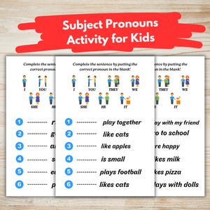 Könnte beinhalten: Lehrblatt für Kinder mit dem Titel "Subject Pronouns Activity for Kids" in Rot. Das Arbeitsblatt enthält Lückensätze mit Subjektpronomen und Illustrationen von Personen. Die Sätze beinhalten "zusammen spielen" und "Katzen mögen".