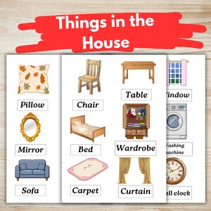 May include: A colorful illustration of household items, including a pillow, chair, table, window, mirror, bed, wardrobe, washing machine, sofa, carpet, curtain, and wall clock. The text "Things in the House" is at the top.
