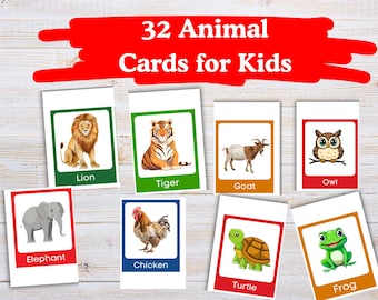 32 dierenkaarten voor kinderen: echte montessorifoto's om dierennamen te leren en woordenschat op te bouwen | Educatieve afdrukbare flashcards